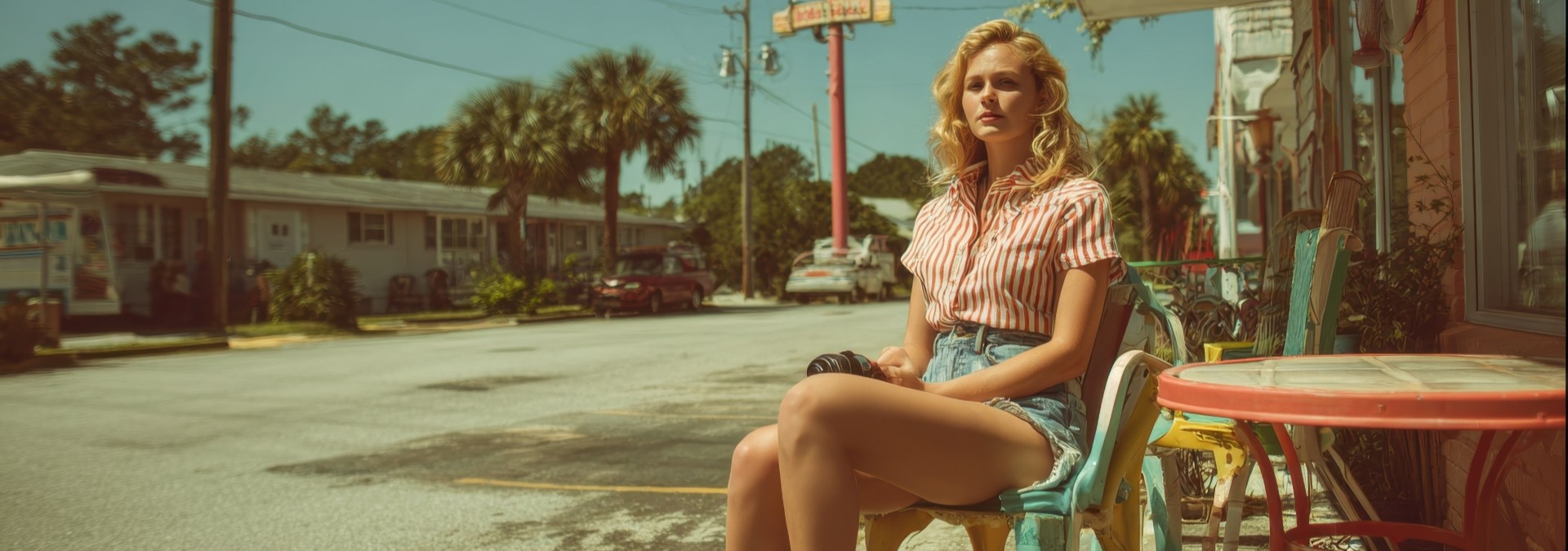 A young blonde woman sits outside a vintage motel on a sunny day representing travel freedom and retro style