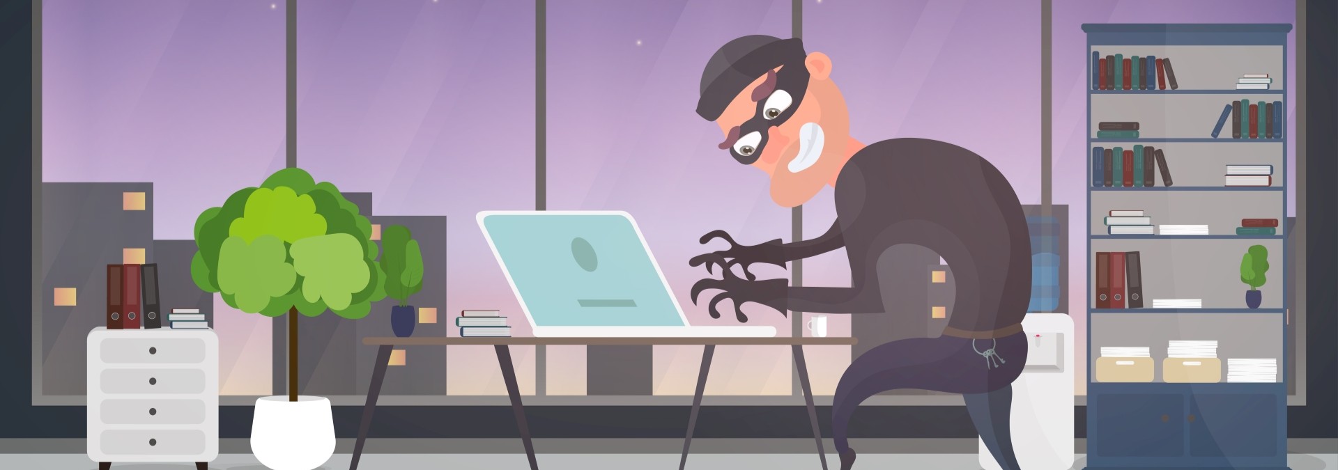 Thief in the office. A robber steals data from a laptop.