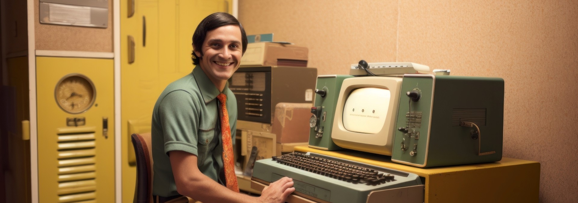 A man programming on an obsolete computer in the 1990s
