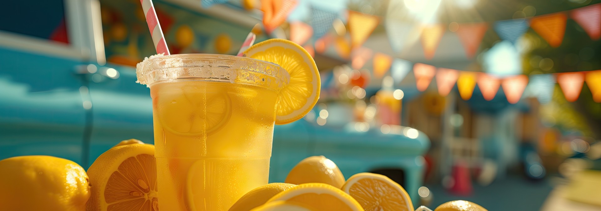 Glass of lemonade sitting on a table at a 1950s-era fair