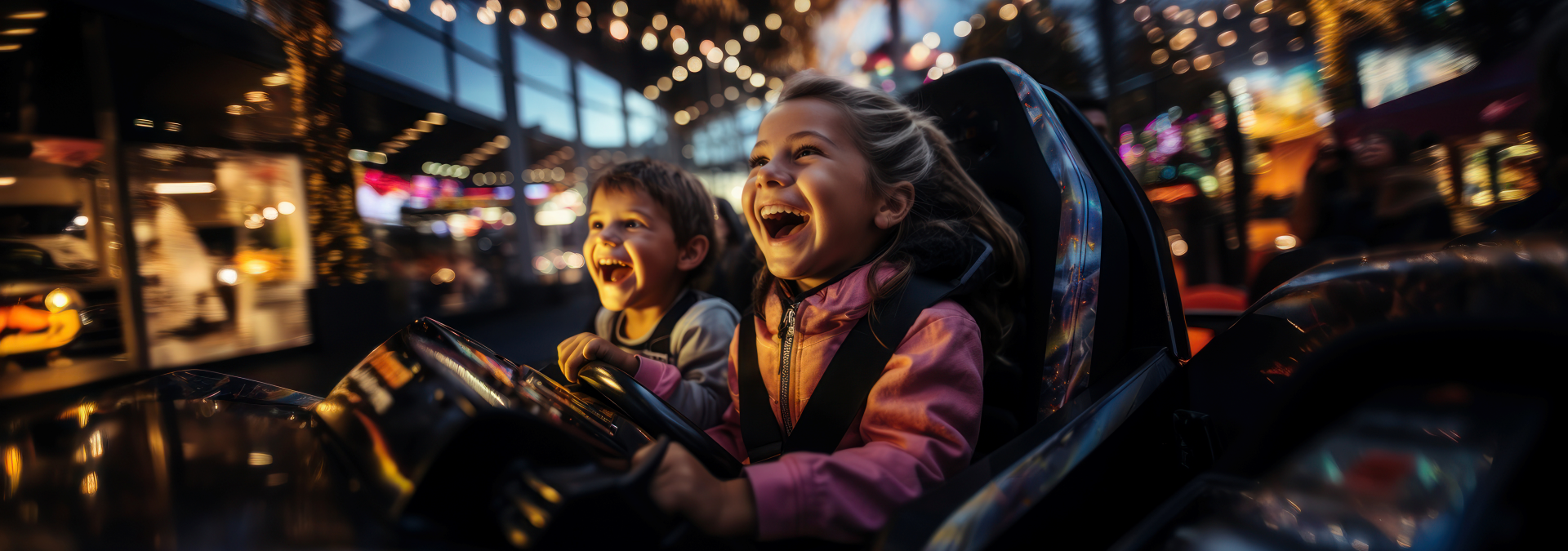 Two children playing a racing video game in an arcade