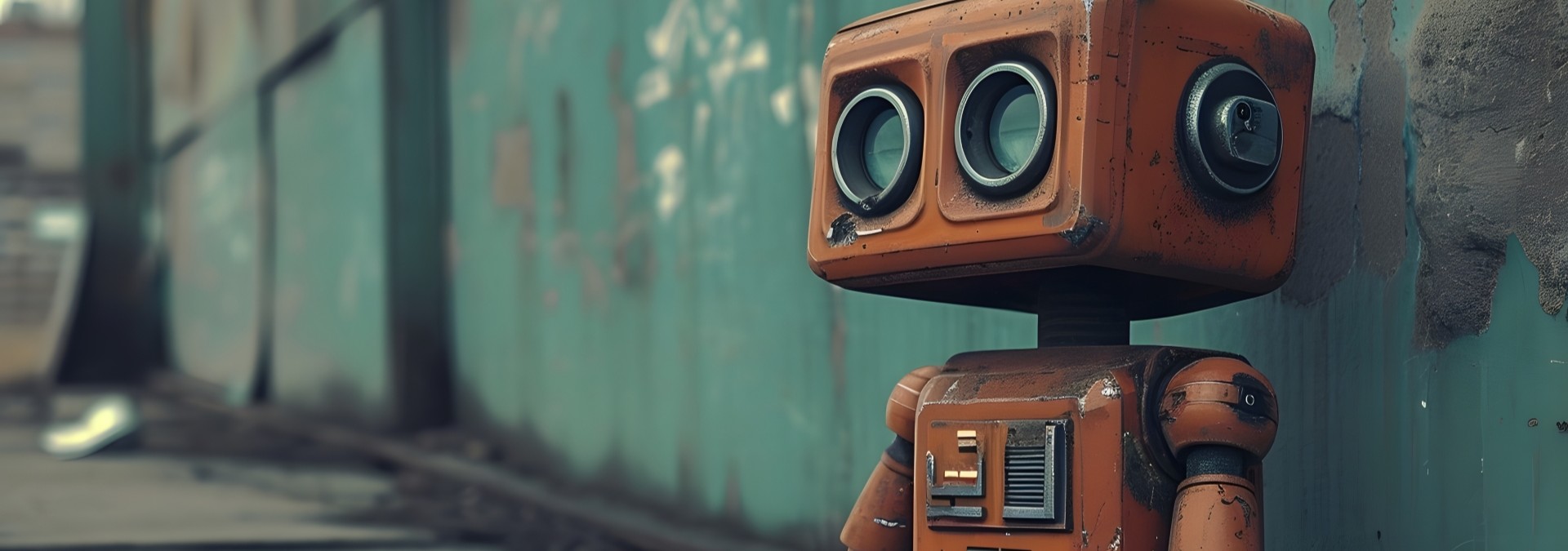 Robot sitting alone and sad in wet alley.