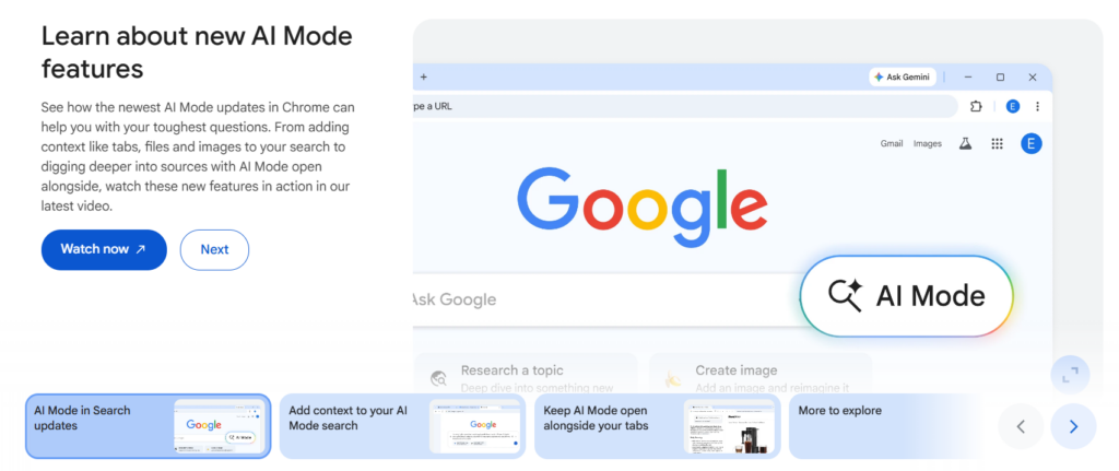 Screenshot of Google Chrome pushing AI in search