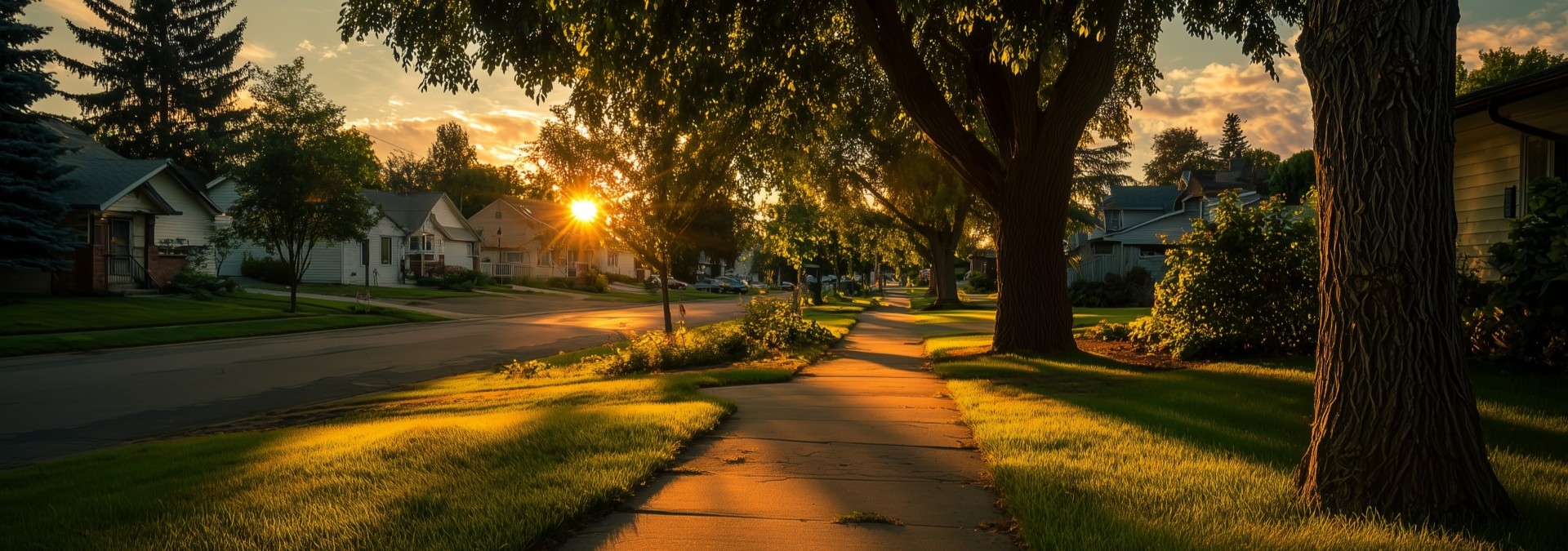 Sun setting on suburban street