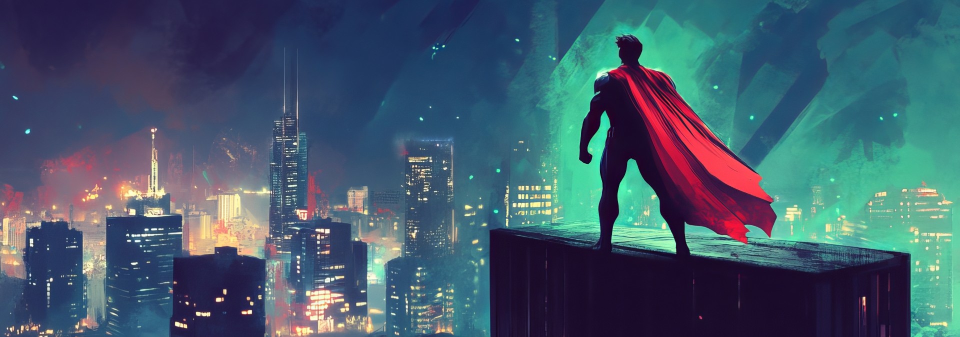 Superman looking over the city of Metropolis at night
